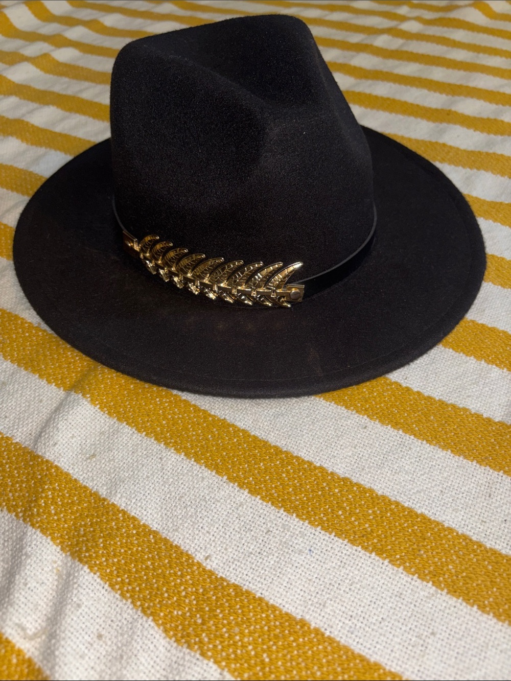 Black Fedora Hat with Gold Leaf Accent